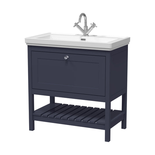 [BFRY327A] Balterley Rye Bathroom Floor Standing 1 Drawer Vanity & 1 Tap Hole Fireclay Basin, Indigo Blue, 800mm - Cutout