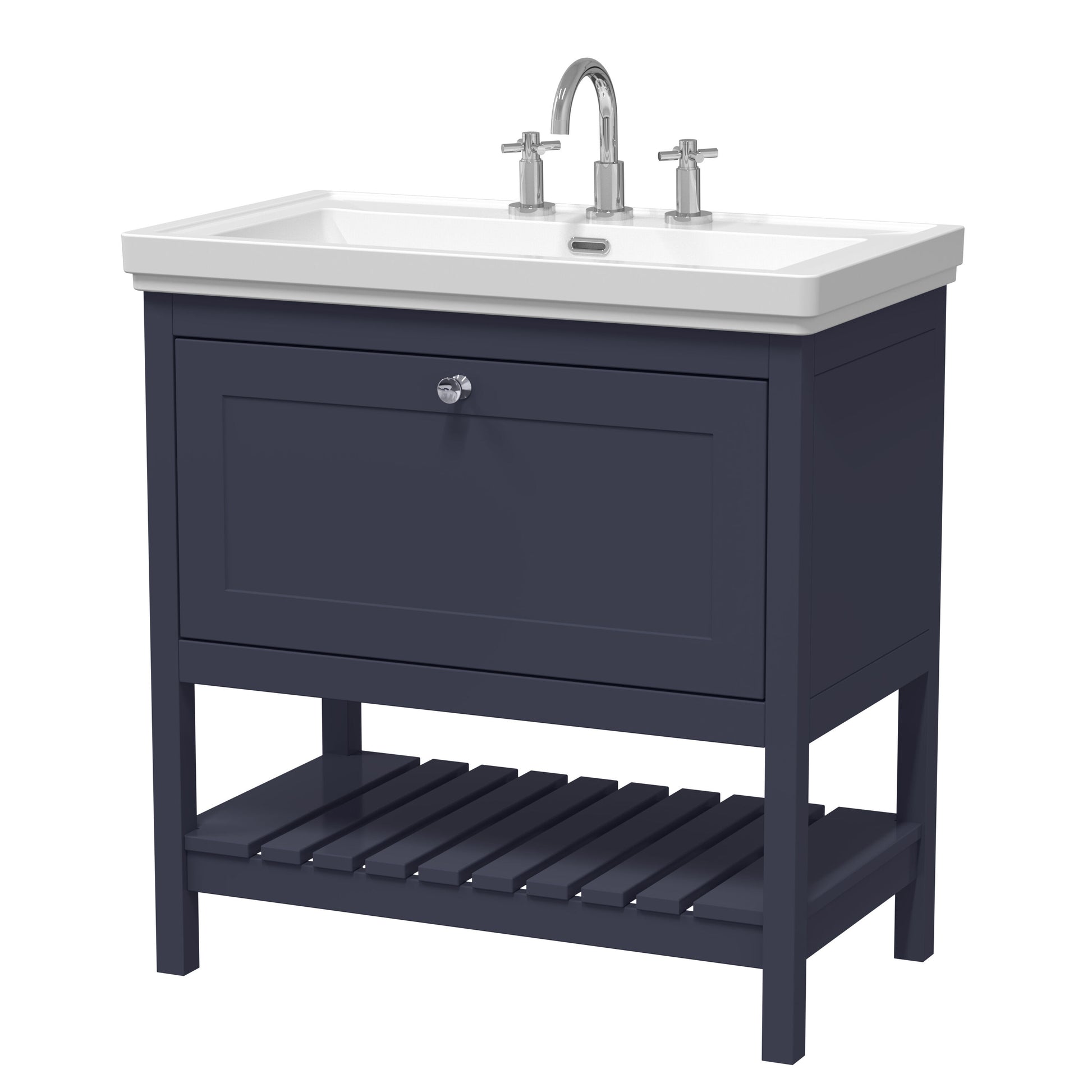 [BFRY327B] Coppenhall Traditional 1 Drawer Floor Standing Vanity Unit with 3 Tap Hole Fireclay Basin, Choice of Size and Finish - Cutout