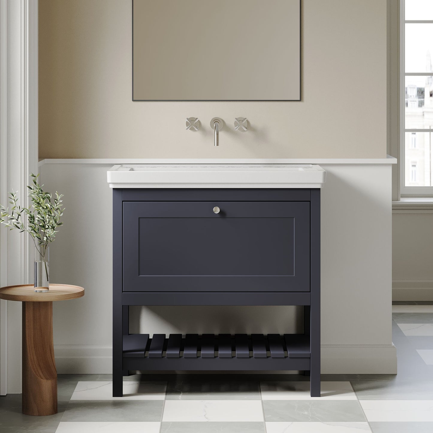 [BFRY327H] Coppenhall Traditional 1 Drawer Floor Standing Vanity Basin Unit with 0 Tap Hole Fireclay Basin, Choice of Size and Colour - Lifestyle 1
