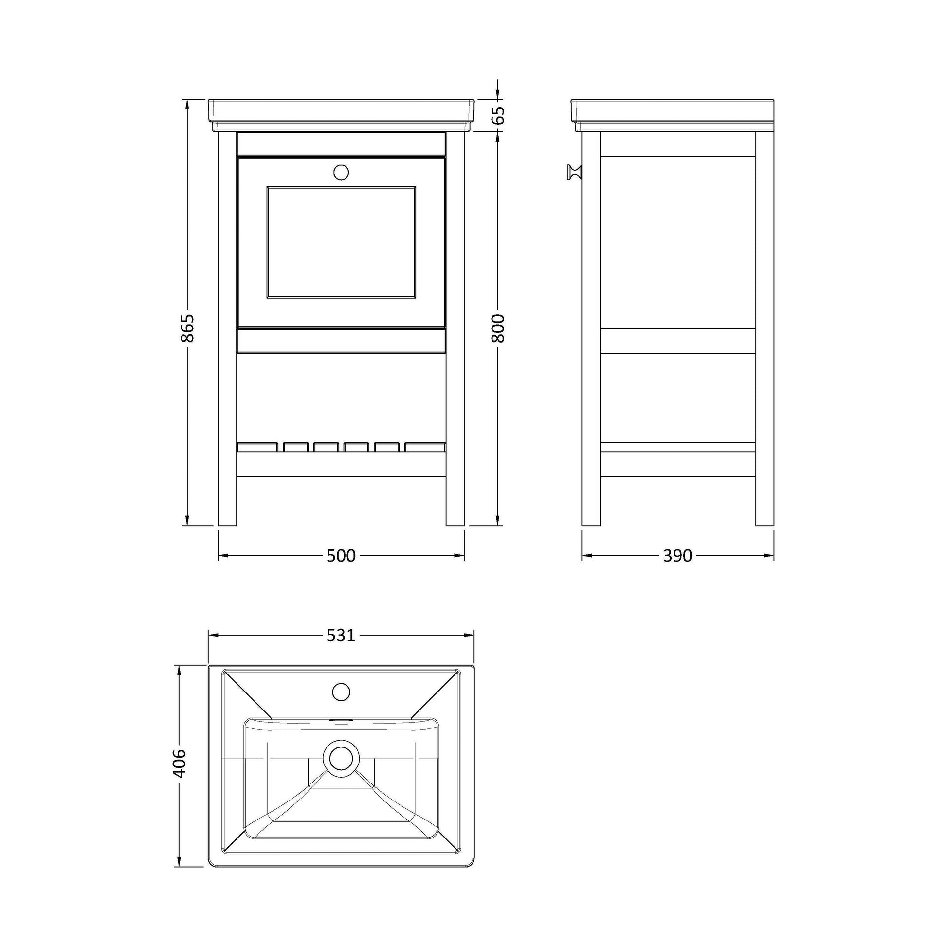 [BFRY823A] Balterley Rye Bathroom Floor Standing 1 Drawer Vanity & 1 Tap Hole Fireclay Basin, Fern Green, 500mm - Technical Drawing