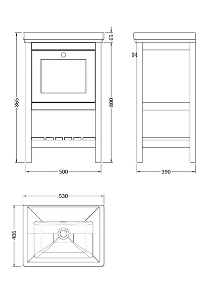 [BFRY823H] Coppenhall Traditional 1 Drawer Floor Standing Vanity Basin Unit with 0 Tap Hole Fireclay Basin, Choice of Size and Colour - Technical Drawing