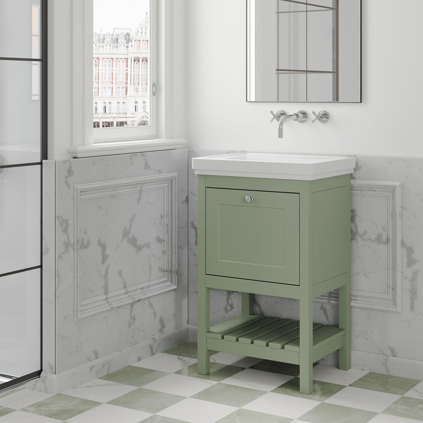 [BFRY823H] Coppenhall Traditional 1 Drawer Floor Standing Vanity Basin Unit with 0 Tap Hole Fireclay Basin, Choice of Size and Colour - Lifestyle 3