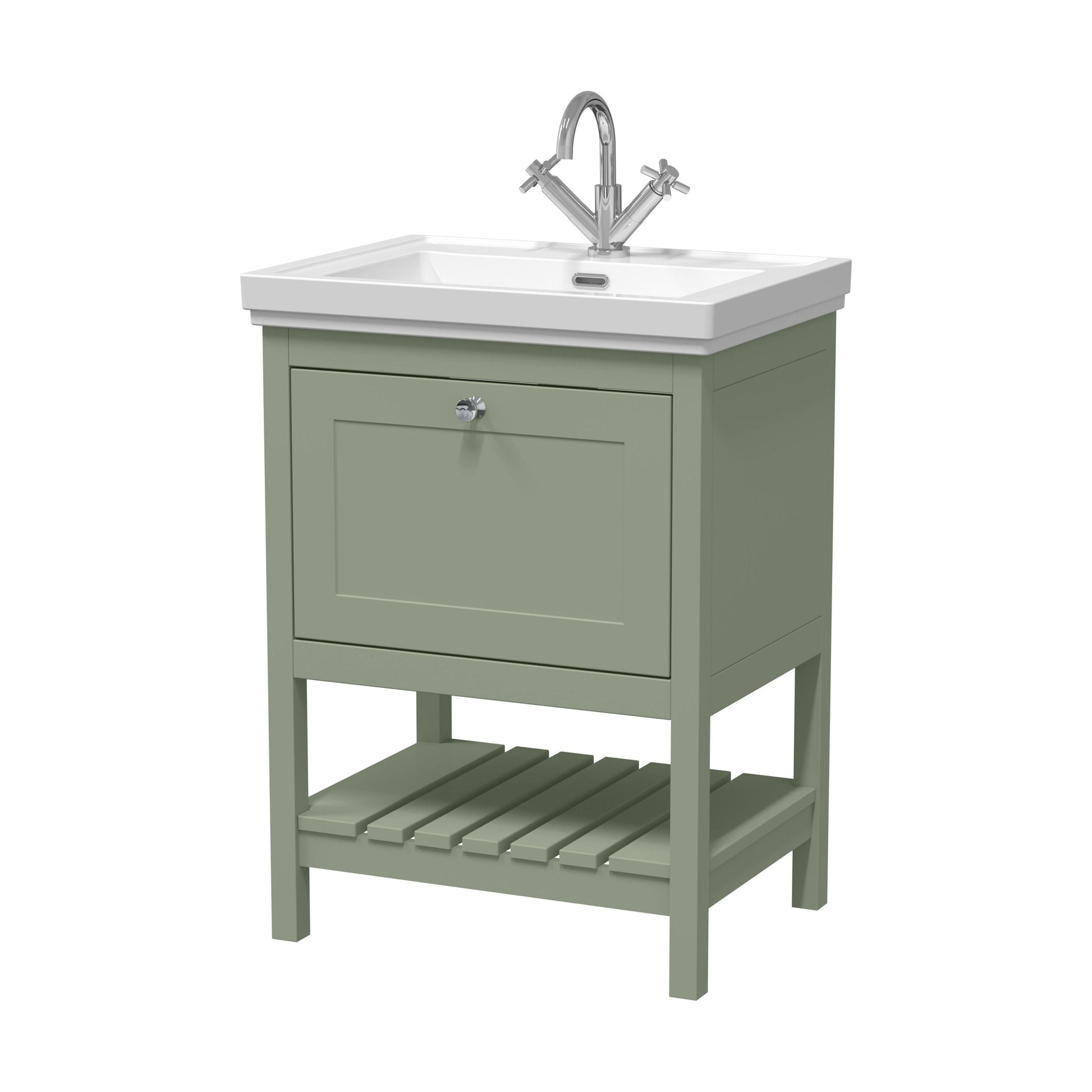 [BFRY825A] Balterley Rye Traditional Bathroom 1 Soft Close Drawer Floor Standing Vanity Unit Basin, Fern Green, 630mm - Cutout