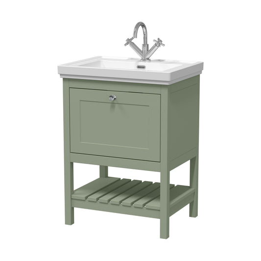 [BFRY825A] Balterley Rye Traditional Bathroom 1 Soft Close Drawer Floor Standing Vanity Unit Basin, Fern Green, 630mm - Cutout