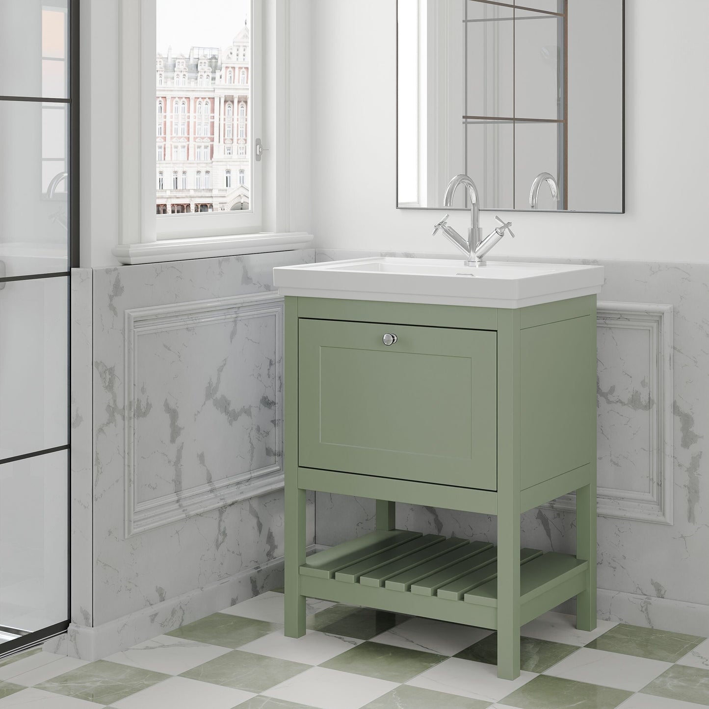 [BFRY825A] Balterley Rye Traditional Bathroom 1 Soft Close Drawer Floor Standing Vanity Unit Basin, Fern Green, 630mm - Lifestyle 3