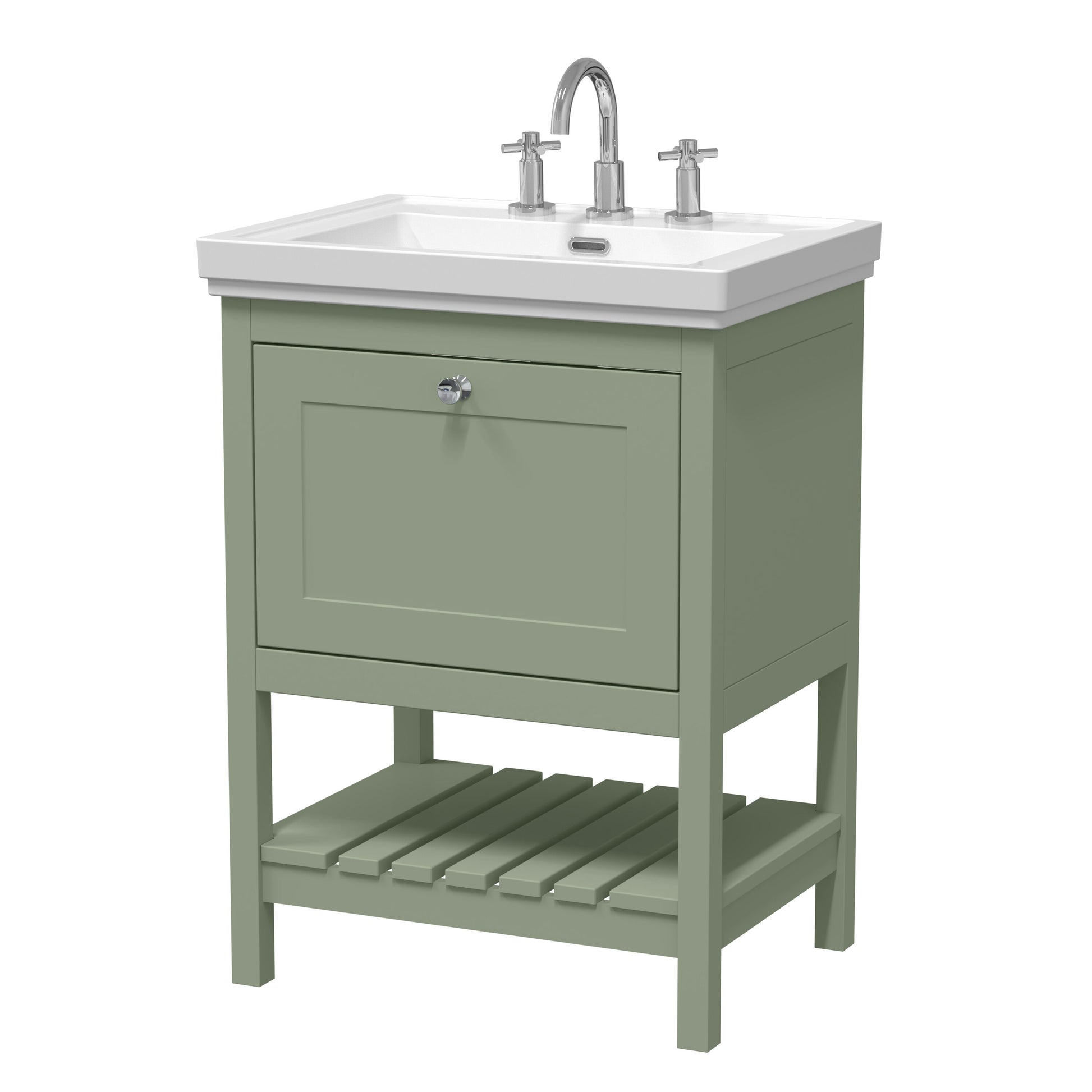 [BFRY825B] Coppenhall Traditional 1 Drawer Floor Standing Vanity Unit with 3 Tap Hole Fireclay Basin, Choice of Size and Finish - Cutout