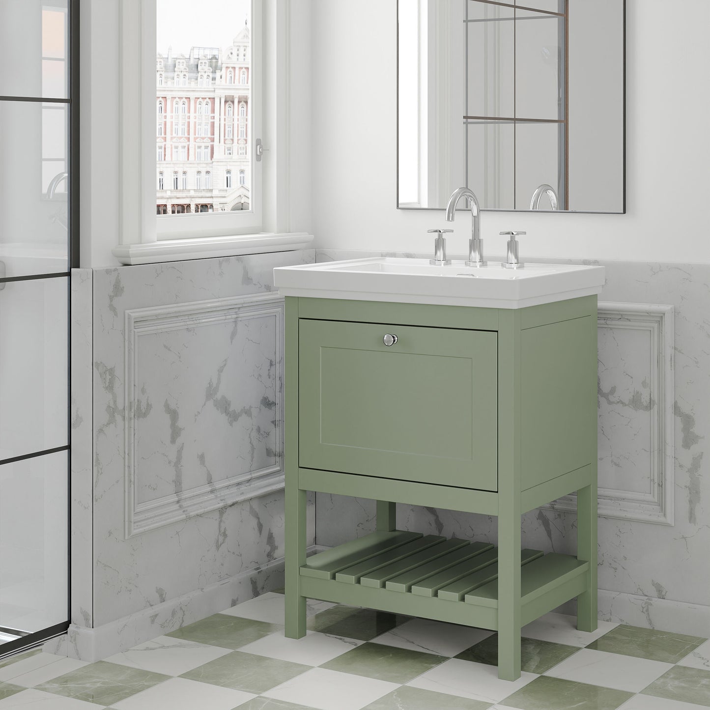 [BFRY825B] Coppenhall Traditional 1 Drawer Floor Standing Vanity Unit with 3 Tap Hole Fireclay Basin, Choice of Size and Finish - Lifestyle 3