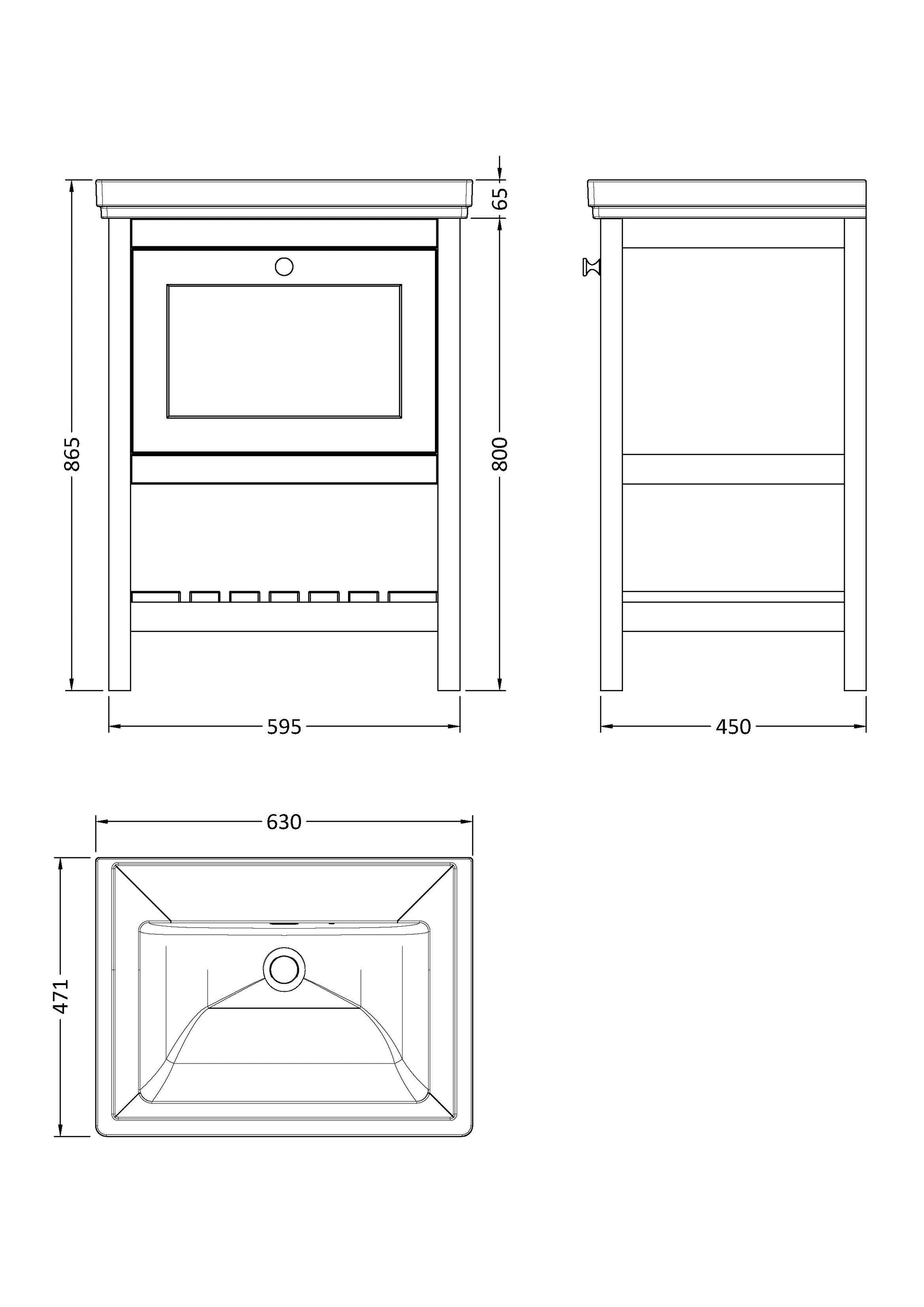 [BFRY825H] Coppenhall Traditional 1 Drawer Floor Standing Vanity Basin Unit with 0 Tap Hole Fireclay Basin, Choice of Size and Colour - Technical Drawing