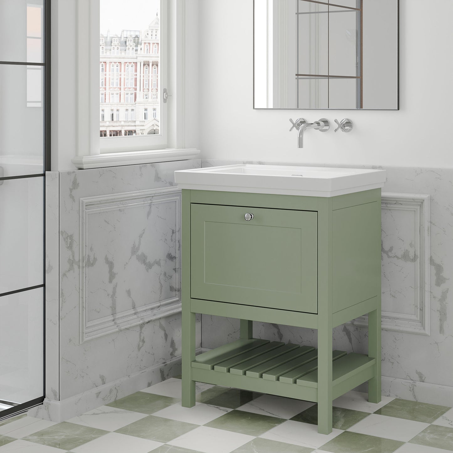 [BFRY825H] Coppenhall Traditional 1 Drawer Floor Standing Vanity Basin Unit with 0 Tap Hole Fireclay Basin, Choice of Size and Colour - Lifestyle 3