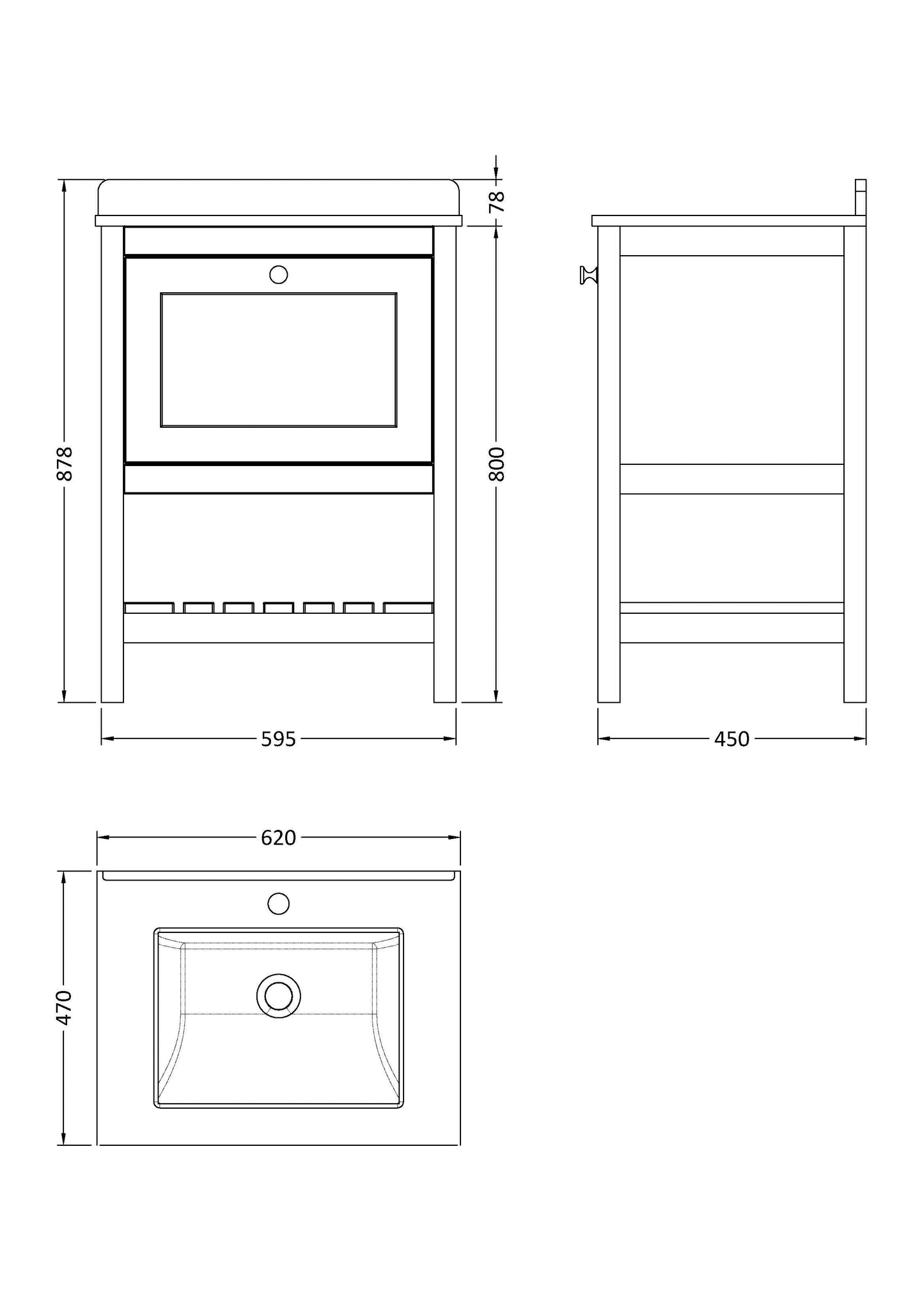 [BFRY825WS1] Coppenhall Traditional 1 Drawer Floor Standing Vanity Unit with Marble Worktop, Choice of Size and Finish - Technical Drawing