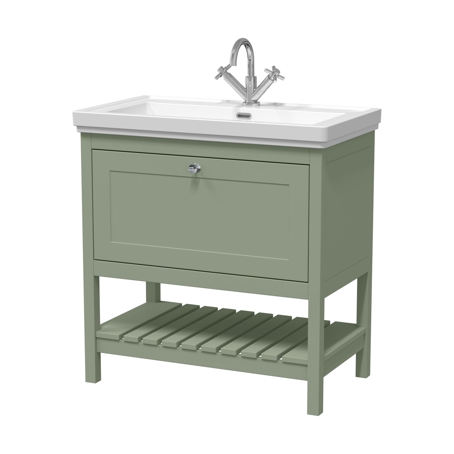 [BFRY827A] Balterley Rye Traditional Bathroom 1 Soft Close Drawer Floor Standing Vanity Unit Basin, Fern Green, 830mm - Cutout
