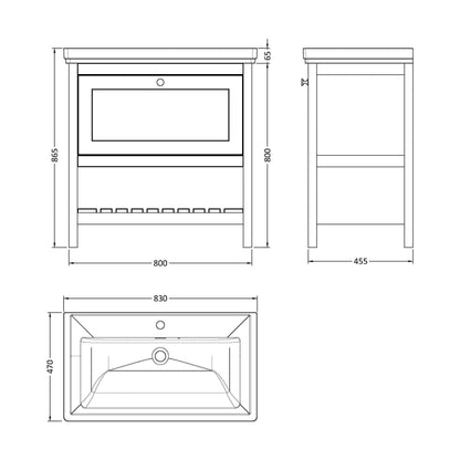 [BFRY827A] Balterley Rye Traditional Bathroom 1 Soft Close Drawer Floor Standing Vanity Unit Basin, Fern Green, 830mm - Technical Drawing
