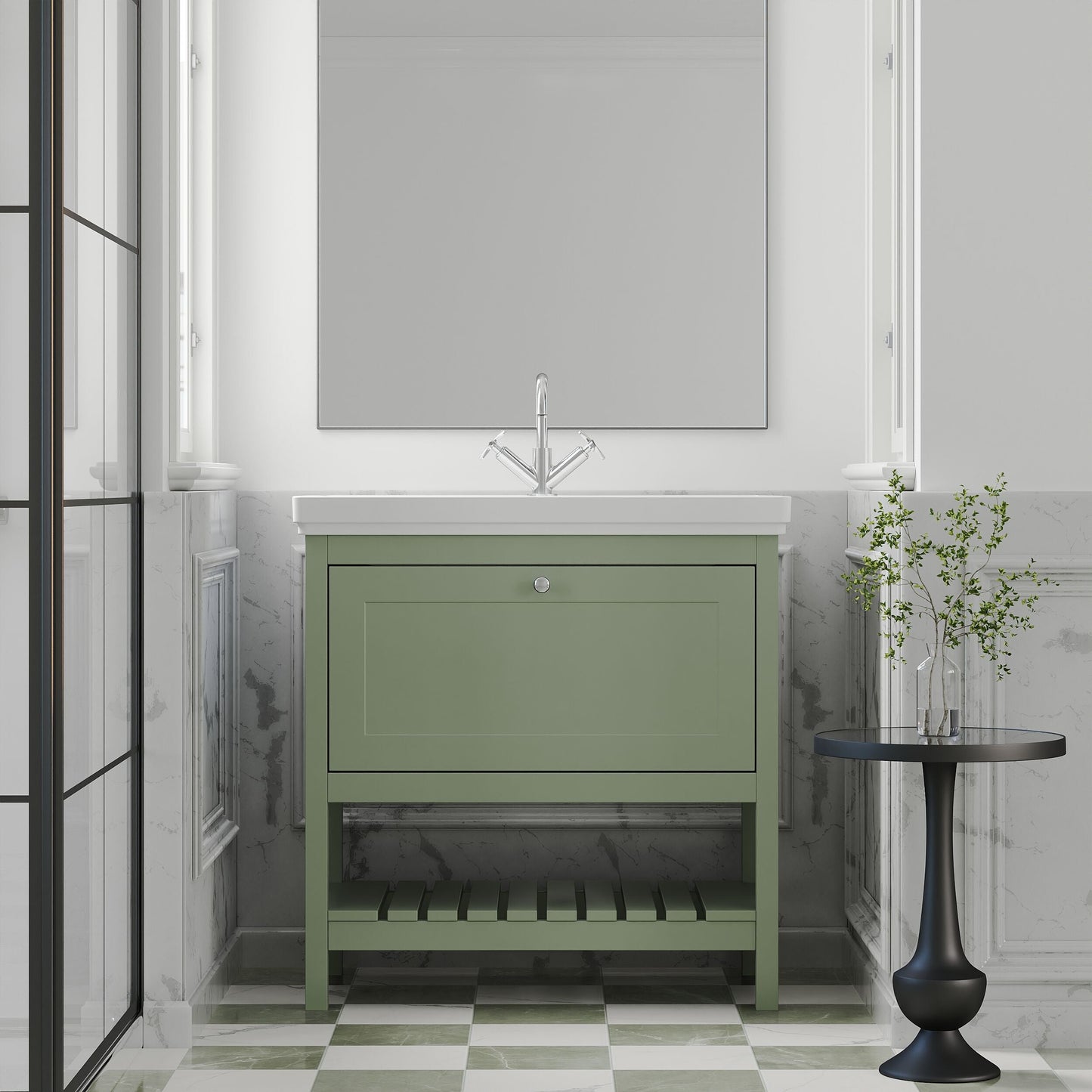[BFRY827A] Balterley Rye Traditional Bathroom 1 Soft Close Drawer Floor Standing Vanity Unit Basin, Fern Green, 830mm - Lifestyle 1