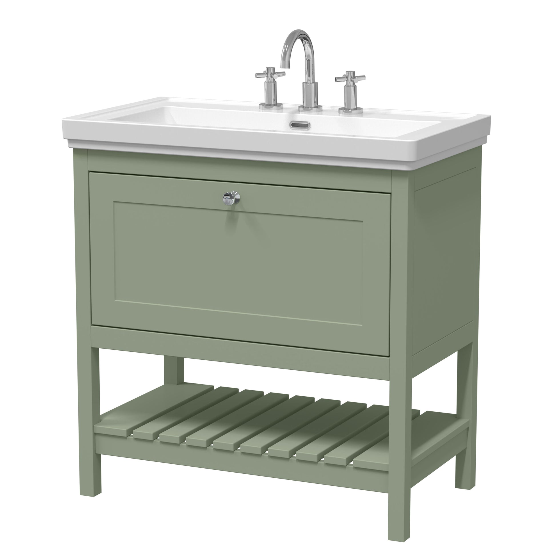 [BFRY827B] Coppenhall Traditional 1 Drawer Floor Standing Vanity Unit with 3 Tap Hole Fireclay Basin, Choice of Size and Finish - Cutout