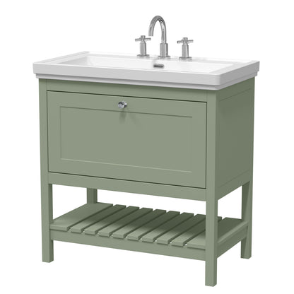 [BFRY827B] Coppenhall Traditional 1 Drawer Floor Standing Vanity Unit with 3 Tap Hole Fireclay Basin, Choice of Size and Finish - Cutout