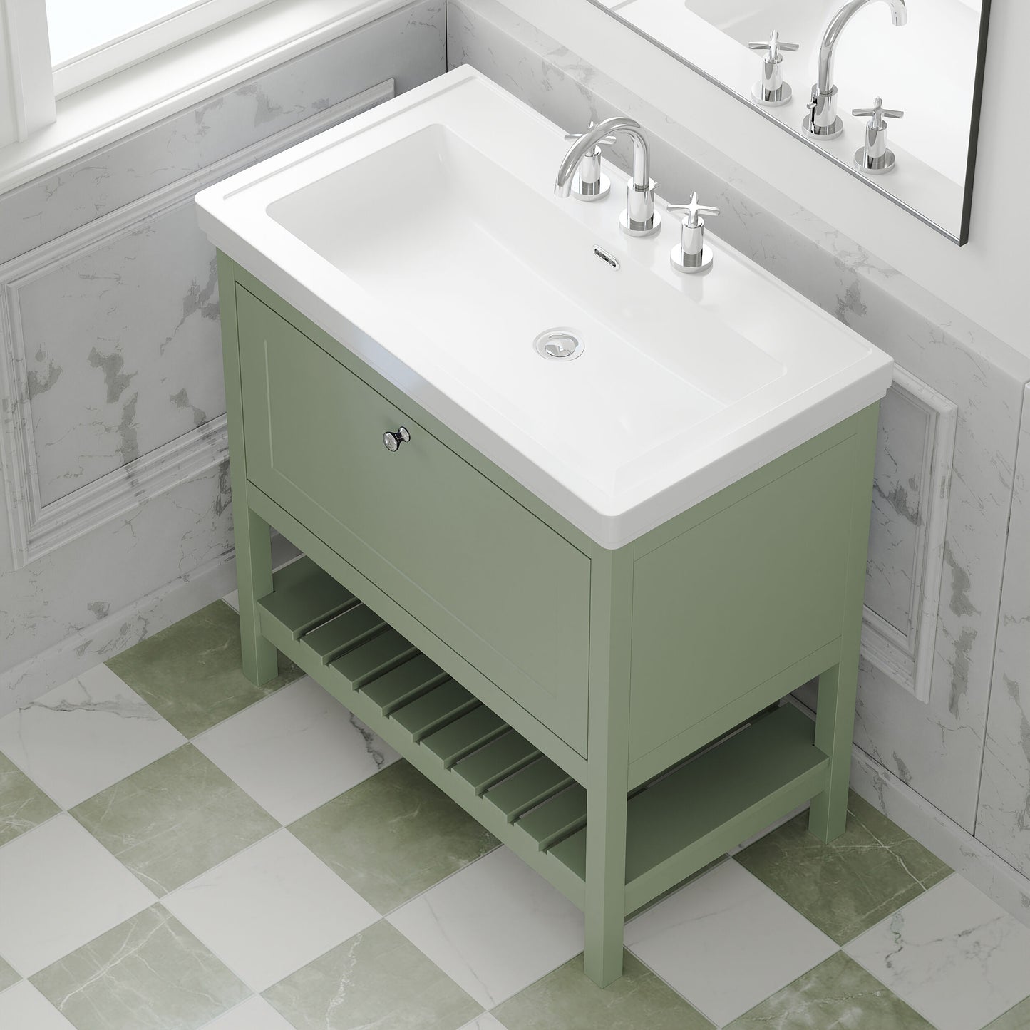 [BFRY827B] Coppenhall Traditional 1 Drawer Floor Standing Vanity Unit with 3 Tap Hole Fireclay Basin, Choice of Size and Finish - Lifestyle 2
