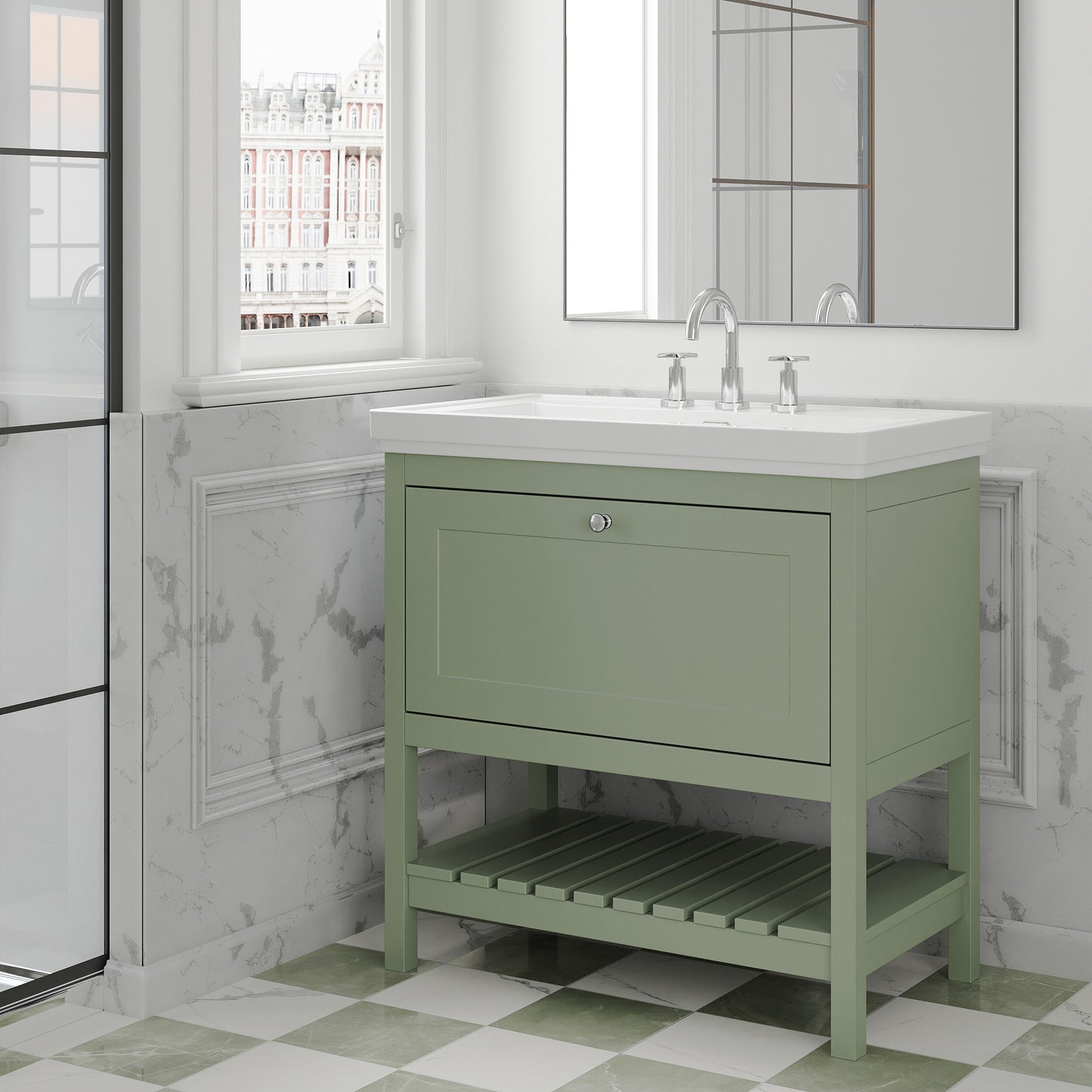 [BFRY827B] Coppenhall Traditional 1 Drawer Floor Standing Vanity Unit with 3 Tap Hole Fireclay Basin, Choice of Size and Finish - Lifestyle 3