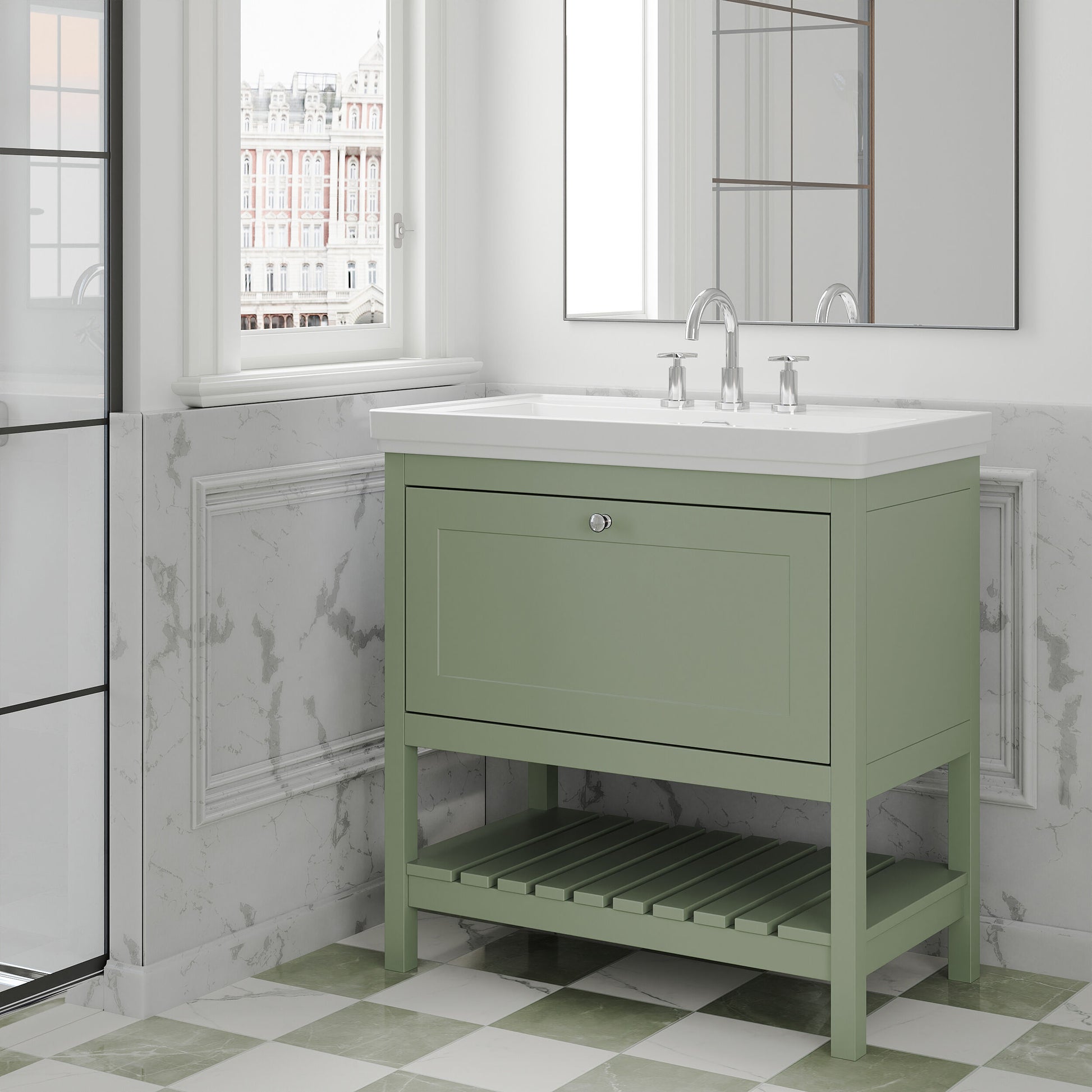 [BFRY827B] Coppenhall Traditional 1 Drawer Floor Standing Vanity Unit with 3 Tap Hole Fireclay Basin, Choice of Size and Finish - Lifestyle 3