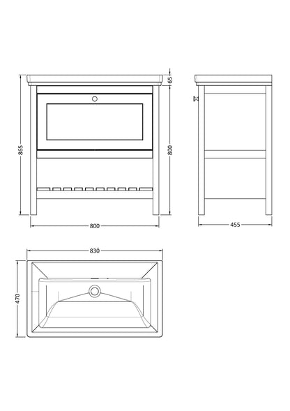 [BFRY827H] Coppenhall Traditional 1 Drawer Floor Standing Vanity Basin Unit with 0 Tap Hole Fireclay Basin, Choice of Size and Colour - Technical Drawing