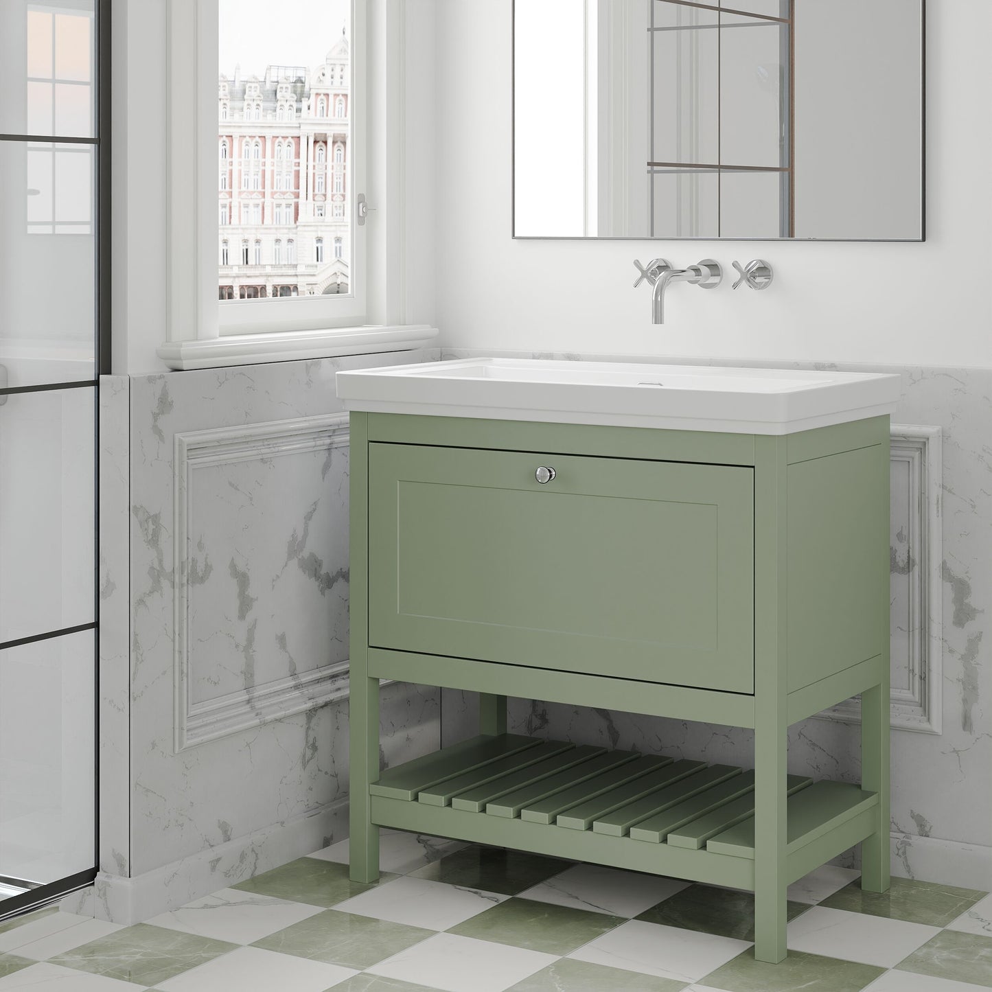 [BFRY827H] Coppenhall Traditional 1 Drawer Floor Standing Vanity Basin Unit with 0 Tap Hole Fireclay Basin, Choice of Size and Colour - Lifestyle 3