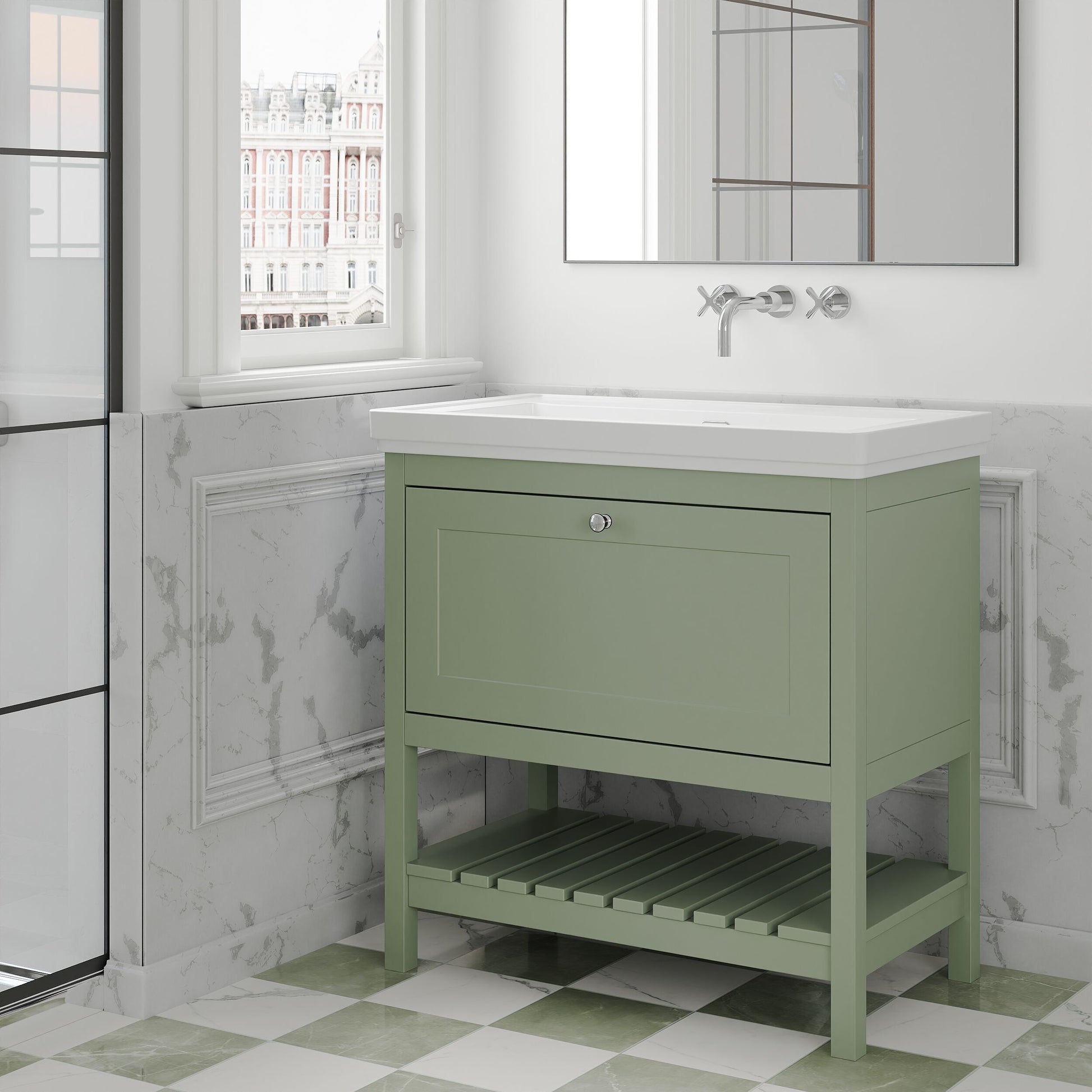 [BFRY827H] Coppenhall Traditional 1 Drawer Floor Standing Vanity Basin Unit with 0 Tap Hole Fireclay Basin, Choice of Size and Colour - Lifestyle 3