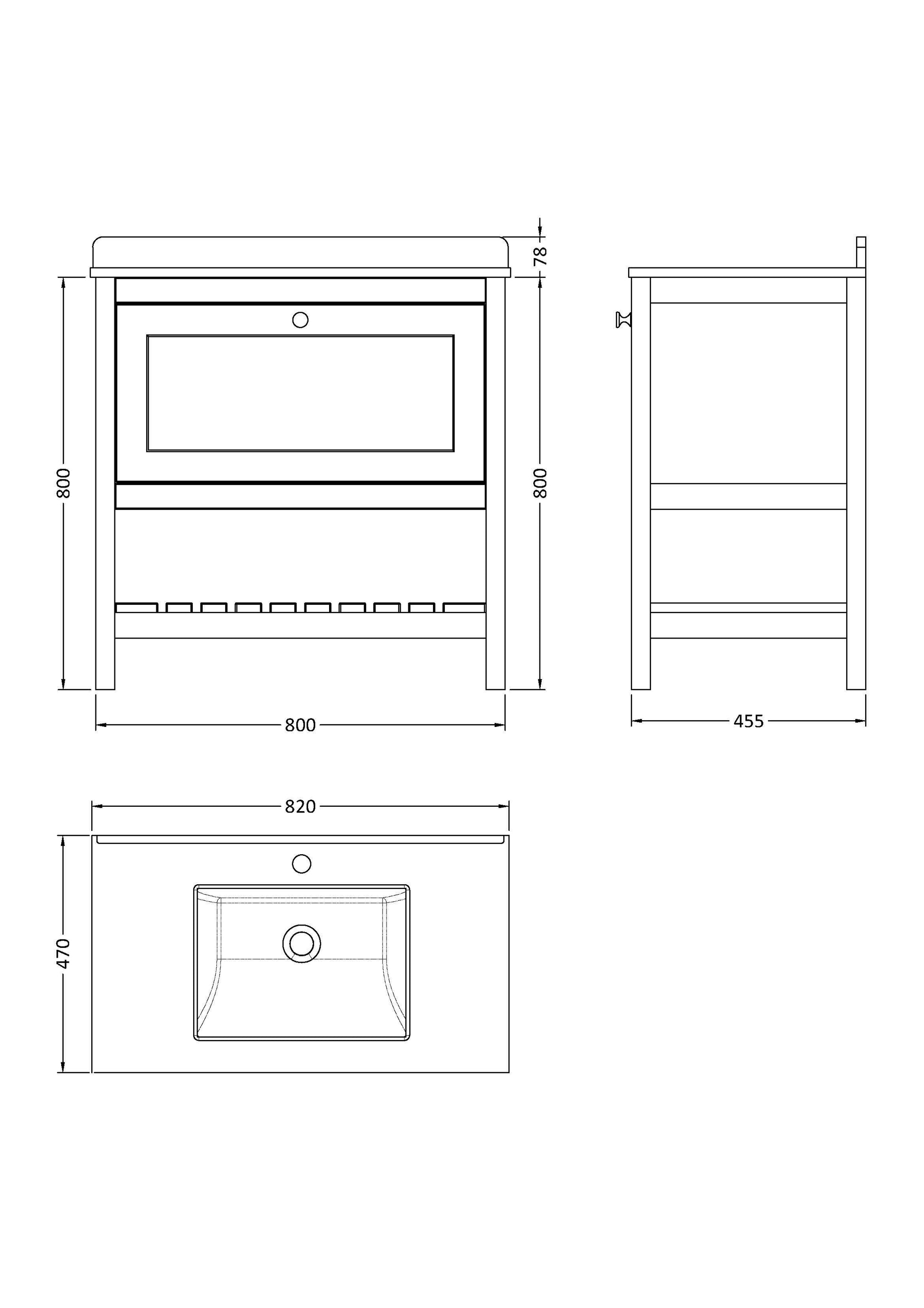 [BFRY827WS1] Coppenhall Traditional 1 Drawer Floor Standing Vanity Unit with Marble Worktop, Choice of Size and Finish - Technical Drawing