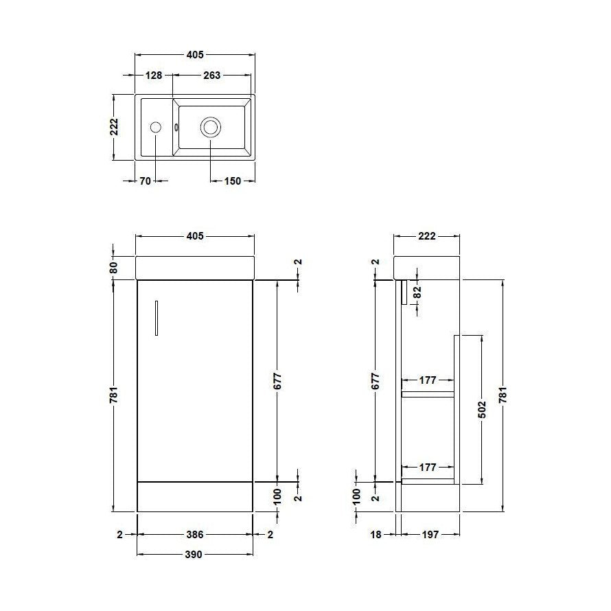 [BFSA003] Freehay Compact Cloakroom Vanity Basin Unit, 400mm - Choice of Mount Type, Colour and Handle Finish - Technical Drawing