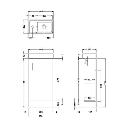 [BFSA003] Freehay Compact Cloakroom Vanity Basin Unit, 400mm - Choice of Mount Type, Colour and Handle Finish - Technical Drawing