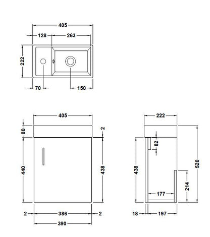 [BFSA009] Freehay Compact Cloakroom Wall Hung Vanity Basin Unit, 400mm, Choice of Colour - Line Drawing