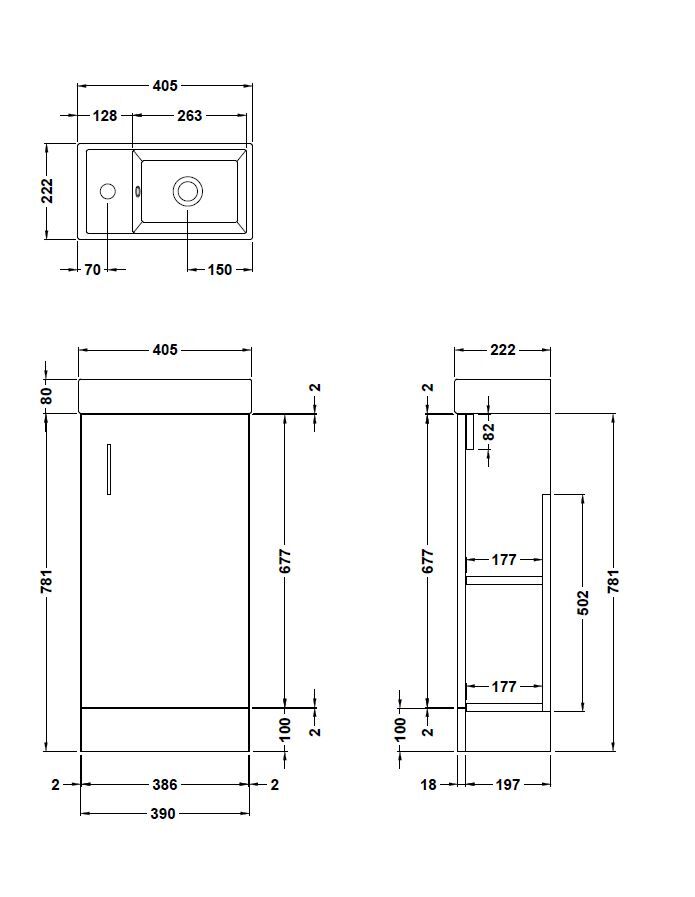 [BFSA013] Freehay Compact Cloakroom Wall Hung Vanity Basin Unit, 400mm, Choice of Colour - Line Drawing