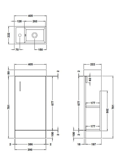 [BFSA013] Freehay Compact Cloakroom Wall Hung Vanity Basin Unit, 400mm, Choice of Colour - Line Drawing