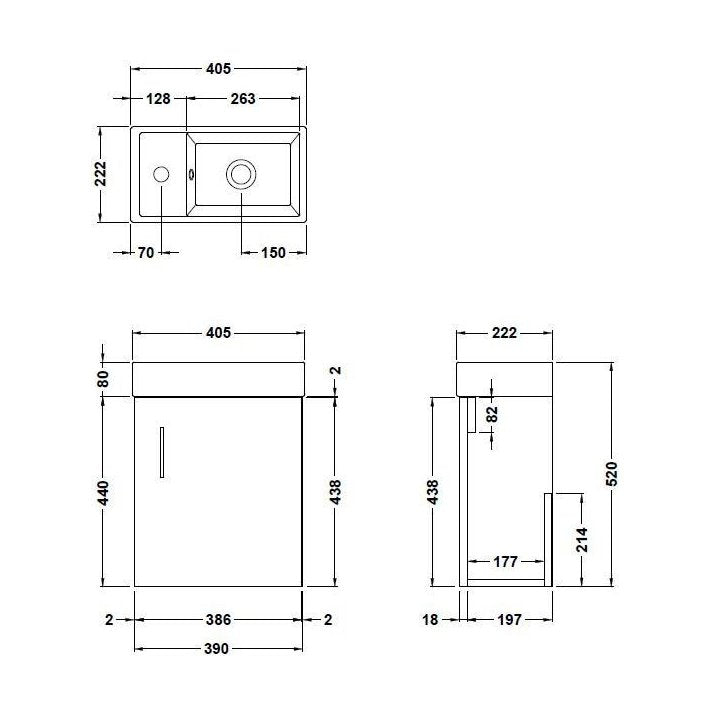 [BFSA014] Freehay Compact Cloakroom Vanity Basin Unit, 400mm - Choice of Mount Type, Colour and Handle Finish - Technical Drawing