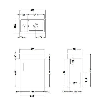 [BFSA014] Freehay Compact Cloakroom Vanity Basin Unit, 400mm - Choice of Mount Type, Colour and Handle Finish - Technical Drawing