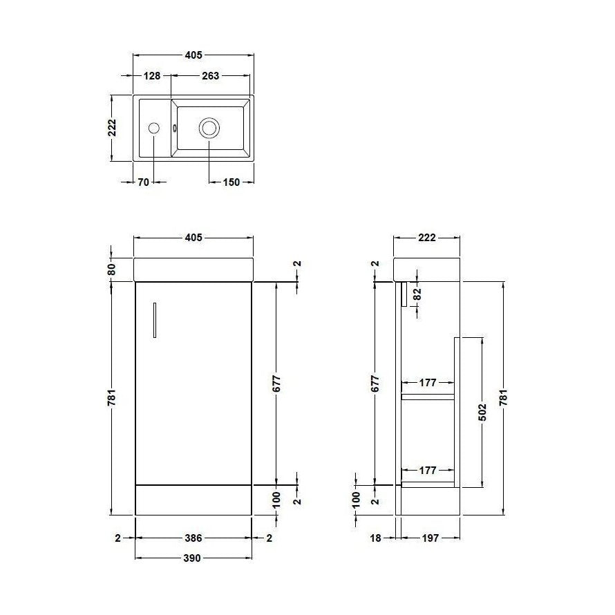 [BFSA024] Freehay Compact Cloakroom Vanity Basin Unit, 400mm - Choice of Mount Type, Colour and Handle Finish - Technical Drawing