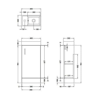[BFSA024] Freehay Compact Cloakroom Vanity Basin Unit, 400mm - Choice of Mount Type, Colour and Handle Finish - Technical Drawing