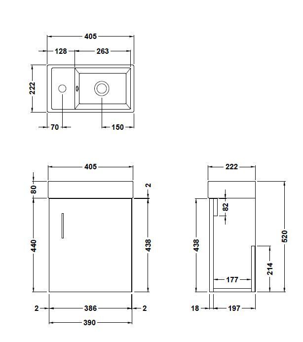 [BFSA025] Freehay Compact Cloakroom Wall Hung Vanity Basin Unit, 400mm, Choice of Colour - Line Drawing
