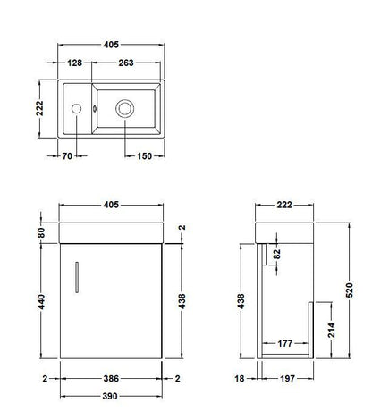 [BFSA025] Freehay Compact Cloakroom Wall Hung Vanity Basin Unit, 400mm, Choice of Colour - Line Drawing