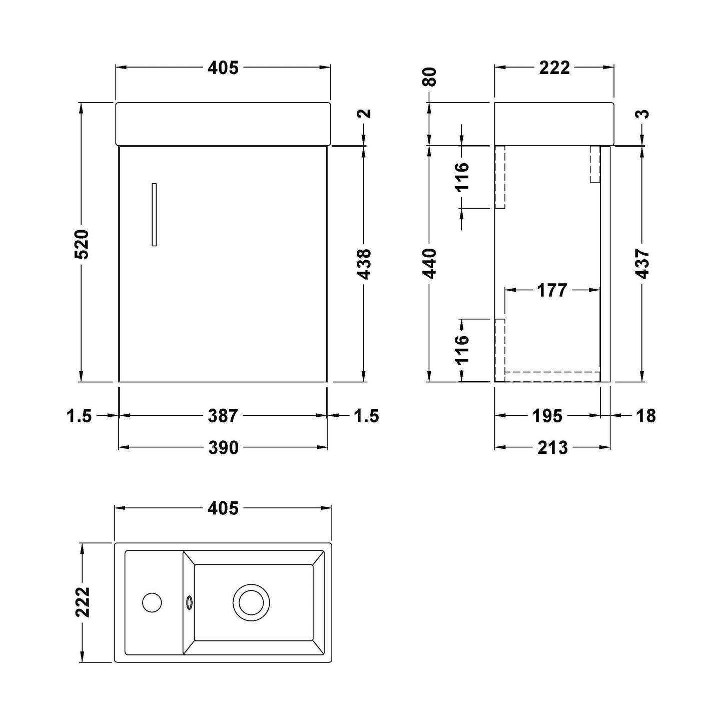 [BFSA182] Cloakroom Wall Hung 1 Door Vanity Unit with Basin, 400mm - Gloss White - Technical Drawing