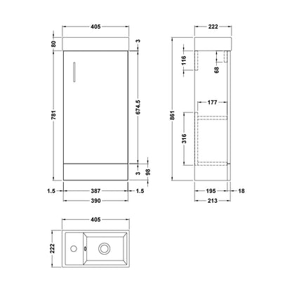 [BFSA192] Freehay 400mm Floor Standing Bathroom Vanity & Basin - Chrome Handle - Gloss White - Technical Drawing