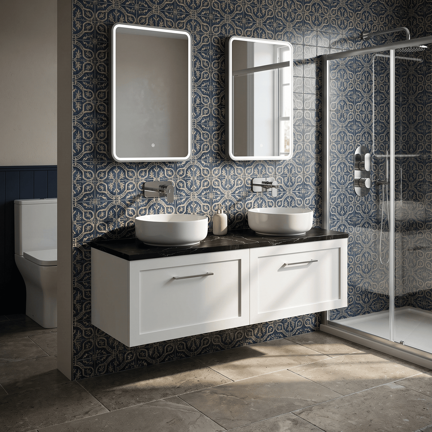 [BFSH122LBP2] Stonnall Traditional Wall Hung 2 Drawer 1200mm Vanity Unit with Black Pietra Marble Laminate Worktop - Choice of Colour - Lifestyle 1