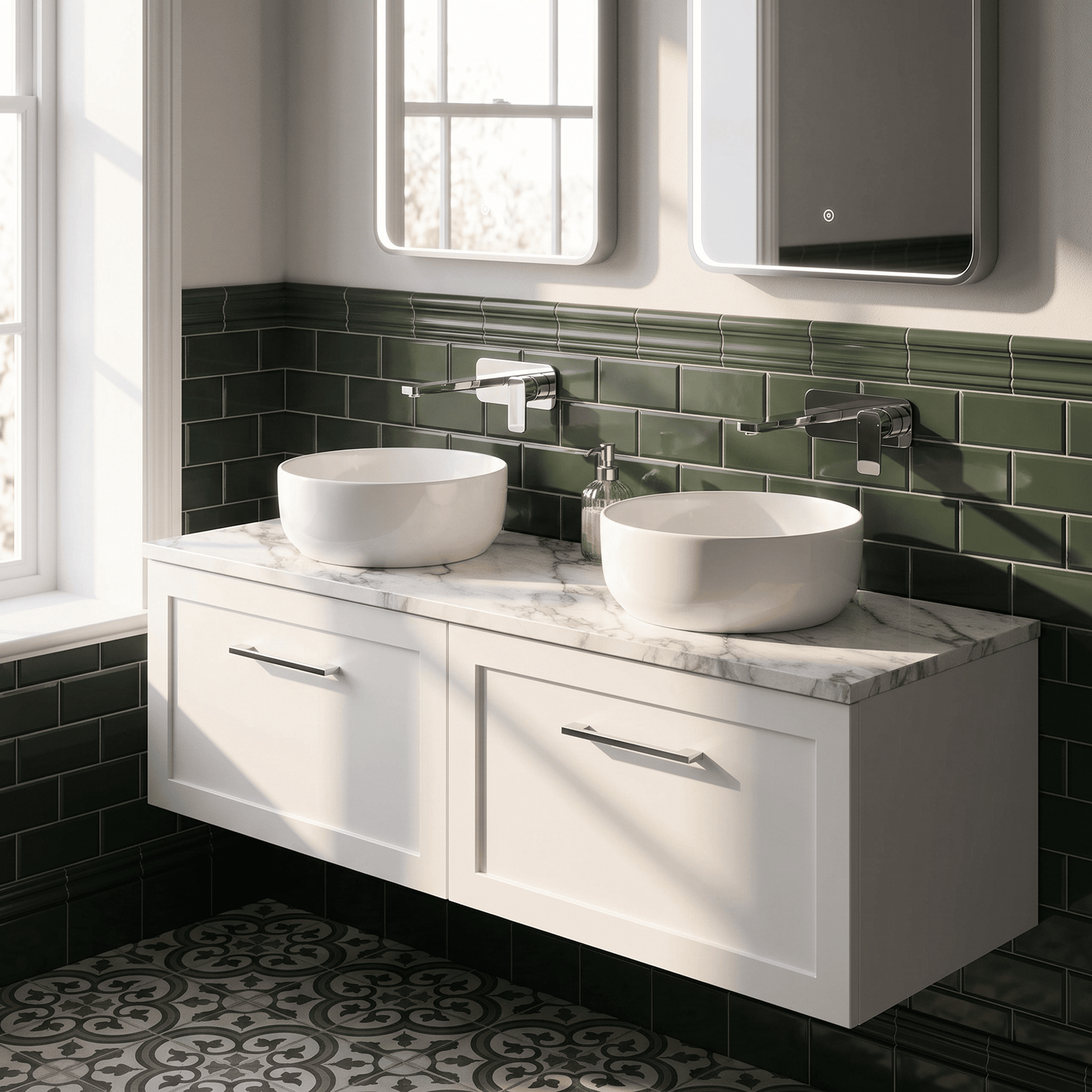 [BFSH122LCM2] Stonnall Traditional Wall Hung 2 Drawer 1200mm Vanity Unit with Carrera Marble Laminate Worktop - Choice of Colour - Lifestyle 2