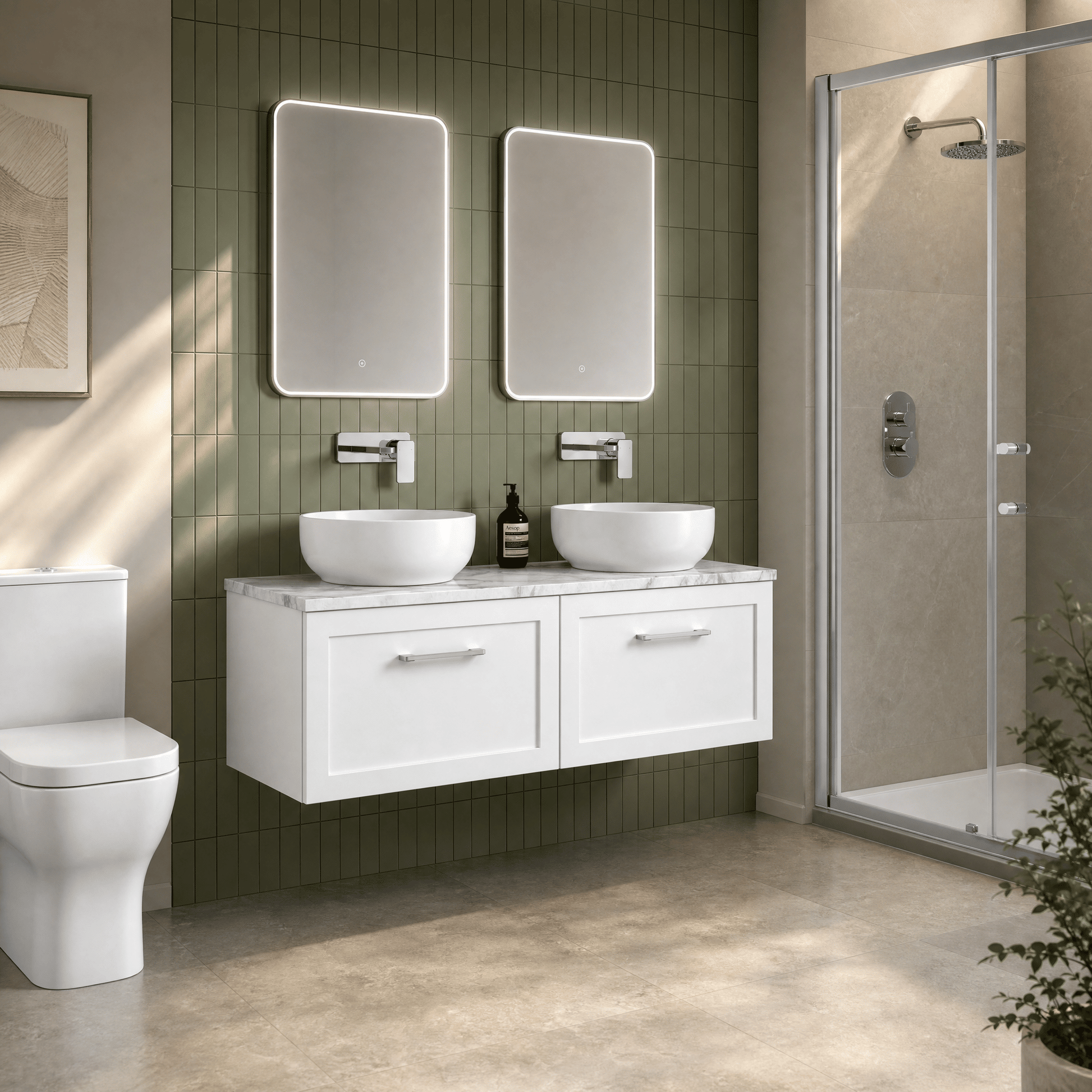 [BFSH122LCM2] Stonnall Traditional Wall Hung 2 Drawer 1200mm Vanity Unit with Carrera Marble Laminate Worktop - Choice of Colour - Lifestyle 3