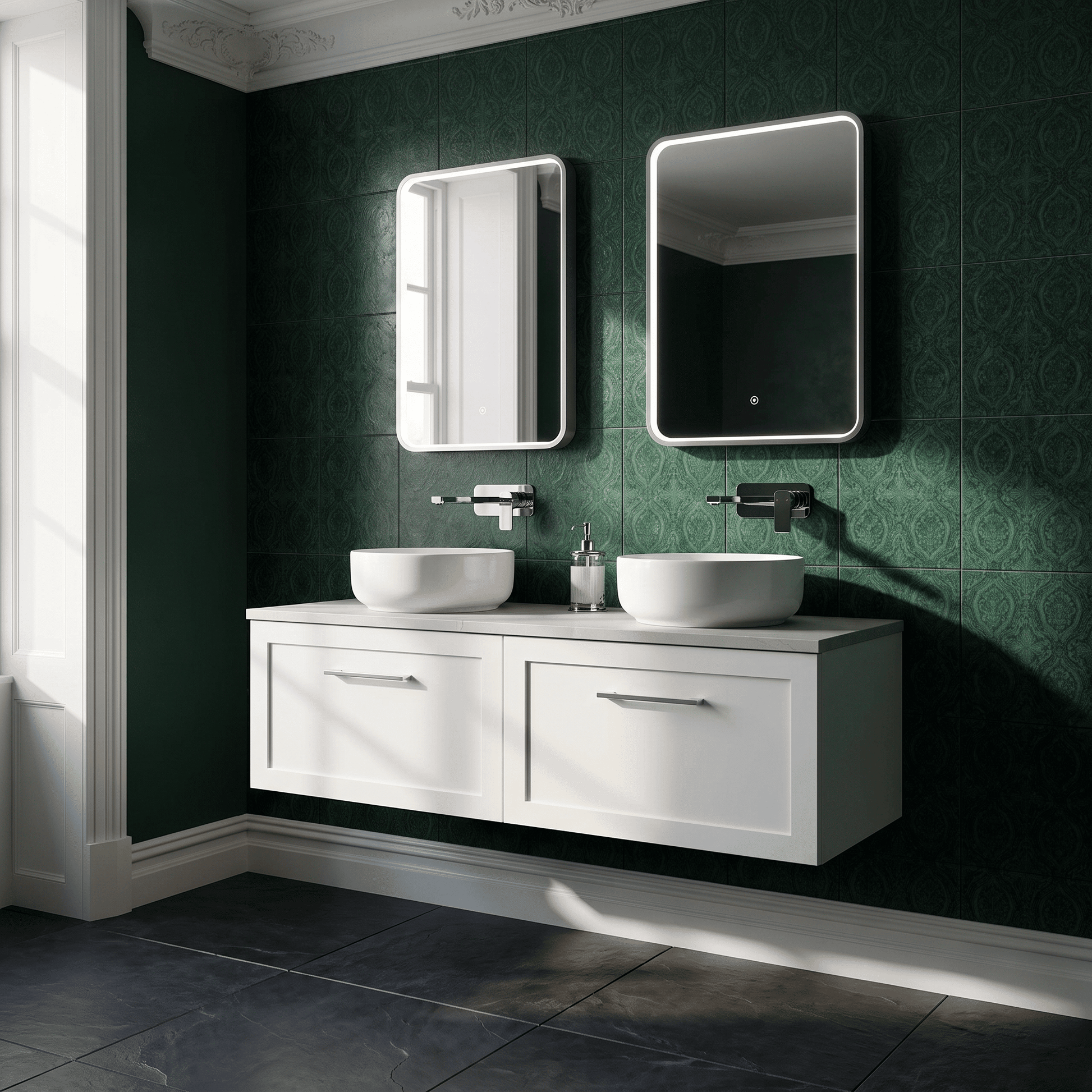 [BFSH122LMP2] Stonnall Traditional Wall Hung 2 Drawer 1200mm Vanity Unit with Marble Plaster Laminate Worktop - Choice of Colour - Lifestyle 1