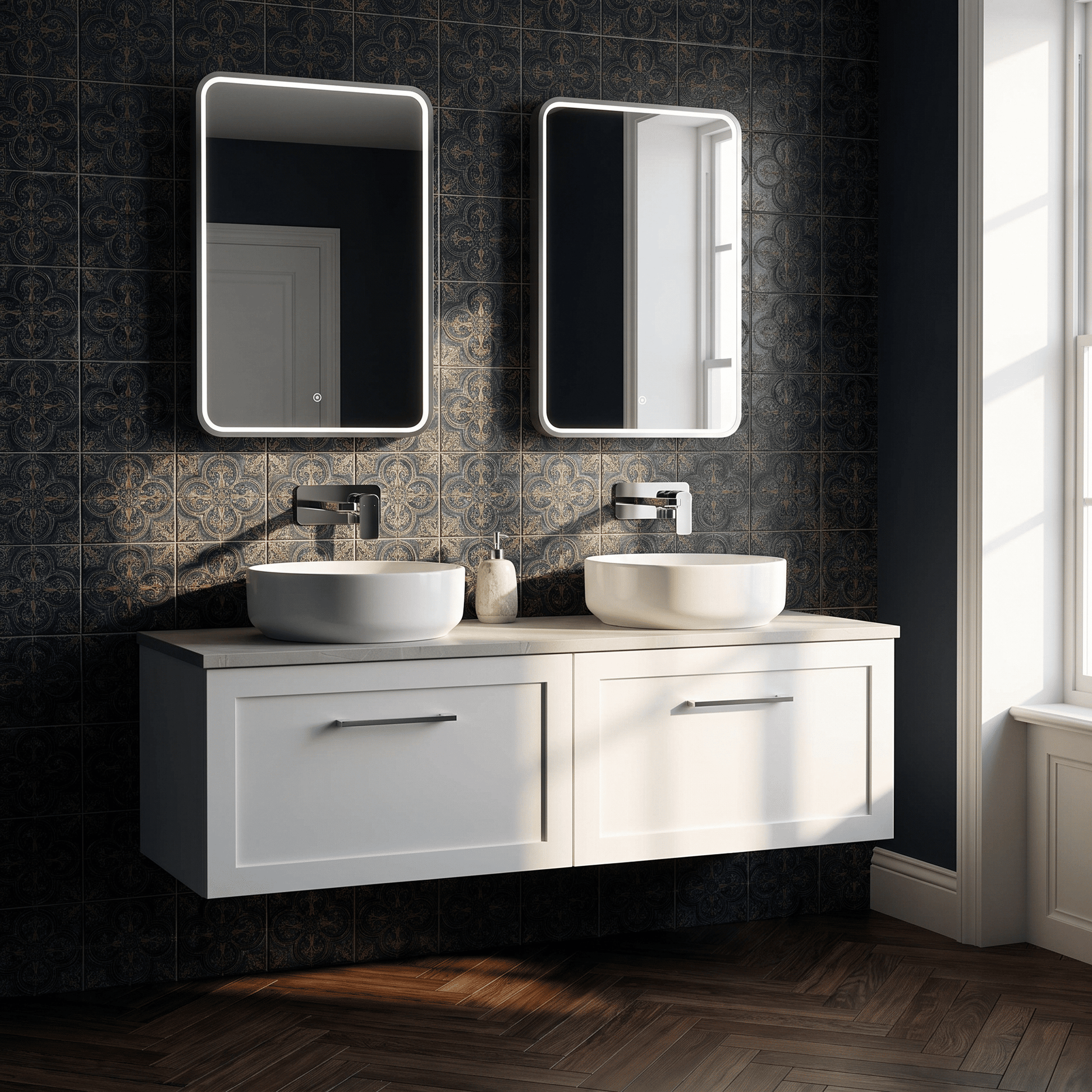 [BFSH122LMP2] Stonnall Traditional Wall Hung 2 Drawer 1200mm Vanity Unit with Marble Plaster Laminate Worktop - Choice of Colour - Lifestyle 2