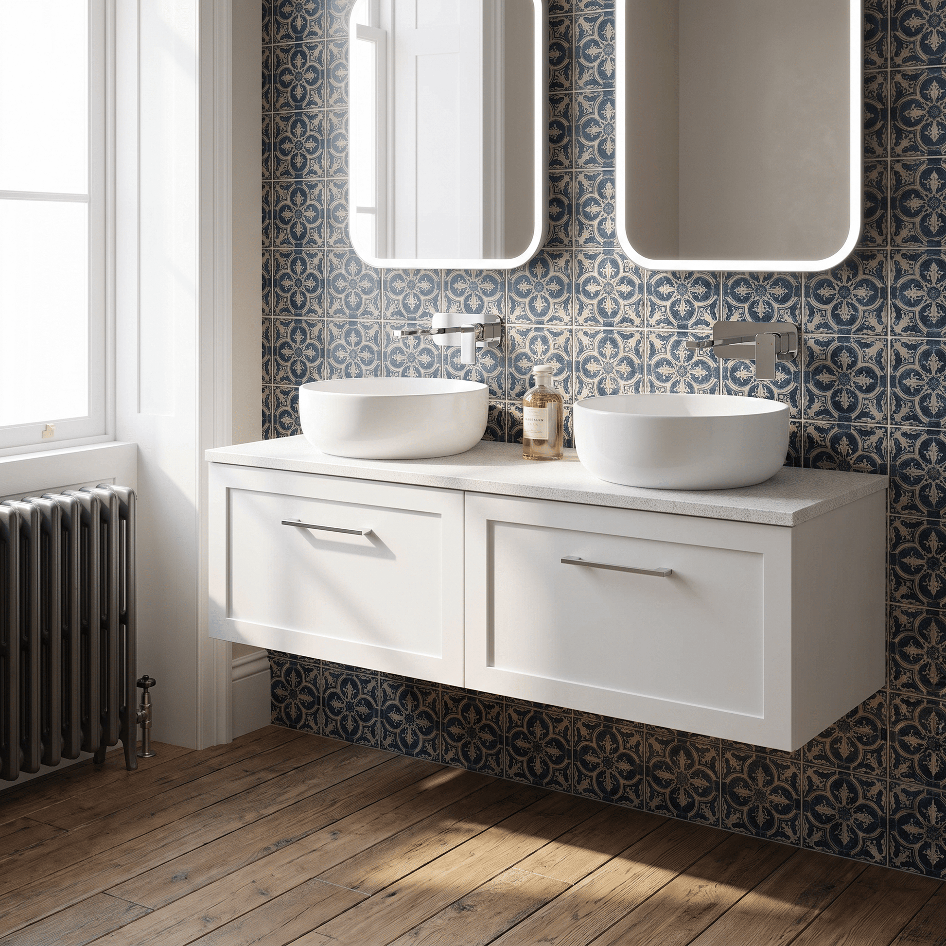 [BFSH122LWN2] Stonnall Traditional Wall Hung 2 Drawer 1200mm Vanity Unit with White Nebula Laminate Worktop - Choice of Colour - Lifestyle 1