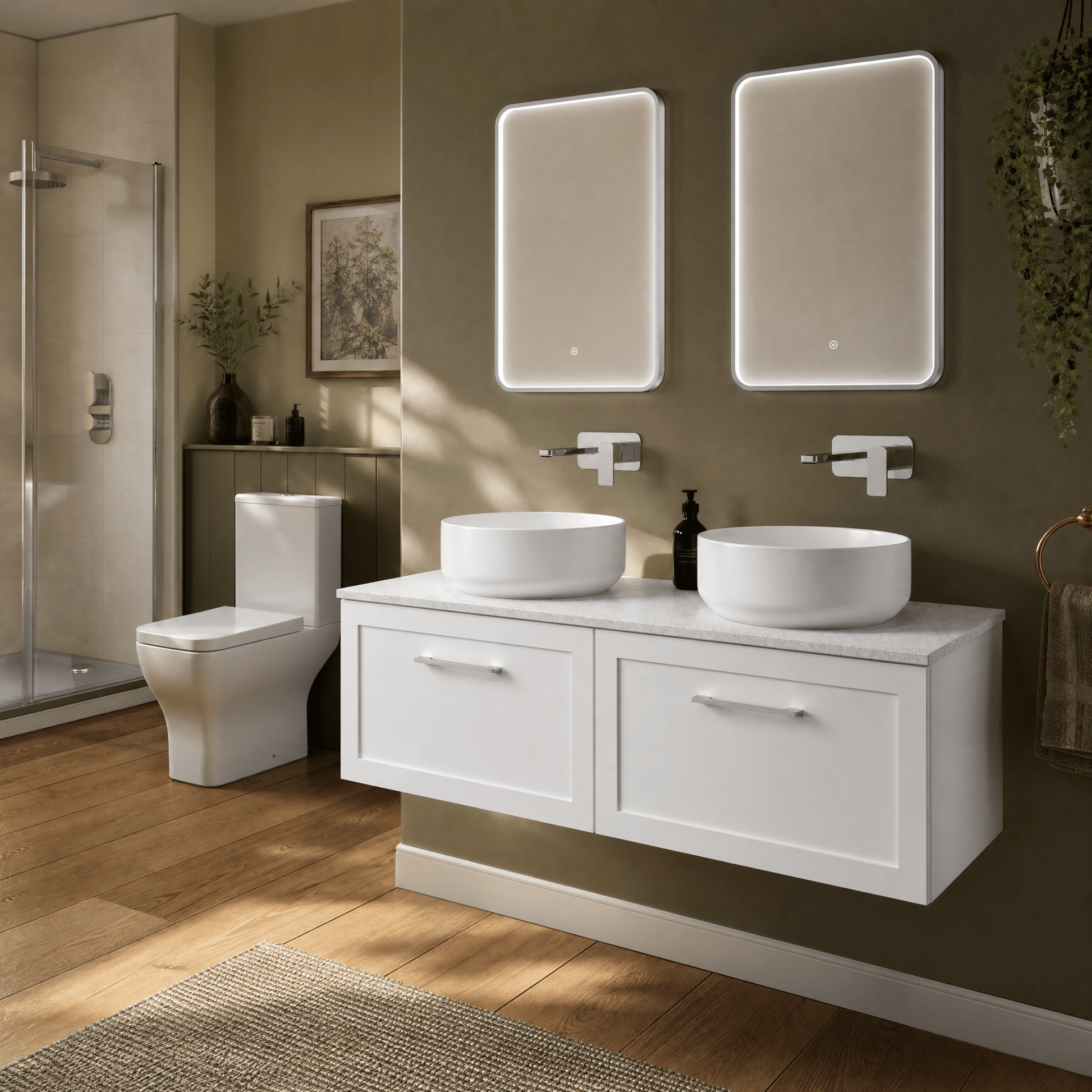 [BFSH122WMT2] Stonnall Traditional Wall Hung 2 Drawer 1200mm Vanity Unit with White Marble Top - Choice of Colour - Lifestyle 1