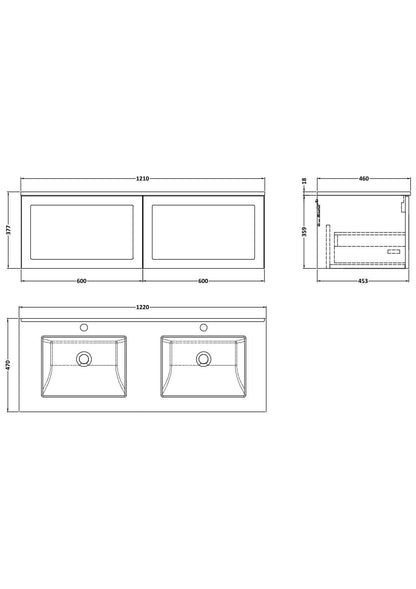 [BFSH122WS2] Stonnall Traditional Wall Hung 2 Drawer 1200mm Vanity Unit with White Marble Top and Basin - Choice of Colour - Technical Drawing