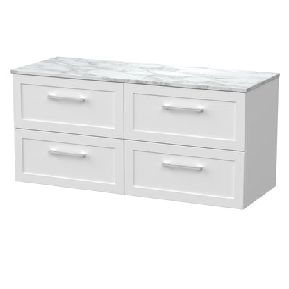 [BFSH124CMT2] Stonnall Traditional Wall Hung 4 Drawer 1200mm Vanity Unit with Carrera Marble Top - Choice of Colour - Cutout
