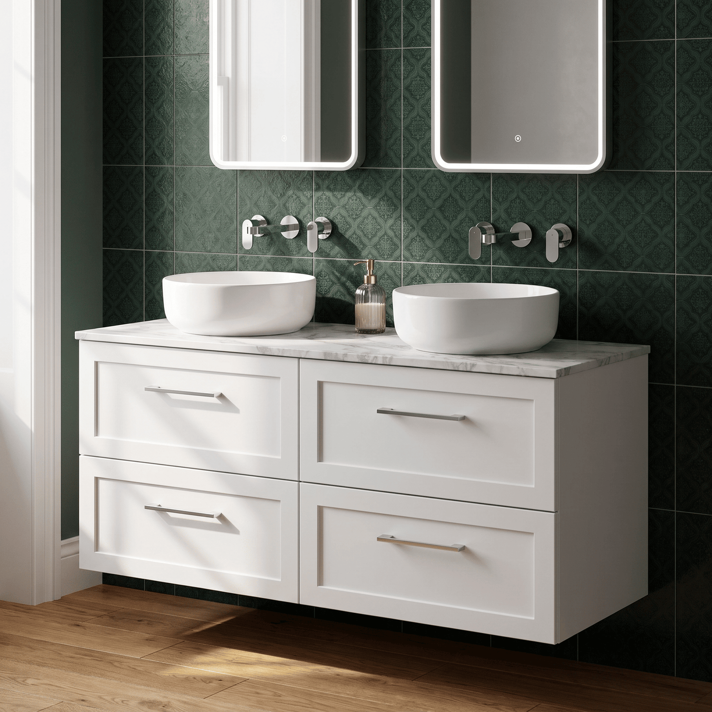 [BFSH124CMT2] Stonnall Traditional Wall Hung 4 Drawer 1200mm Vanity Unit with Carrera Marble Top - Choice of Colour - Lifestyle 1