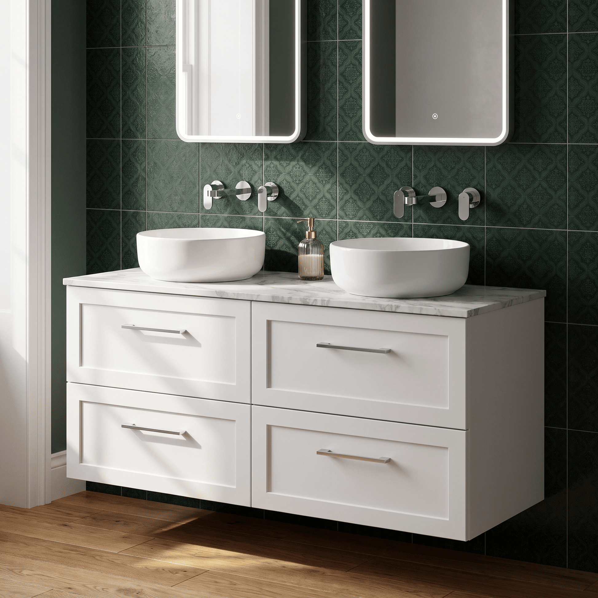 [BFSH124CMT2] Stonnall Traditional Wall Hung 4 Drawer 1200mm Vanity Unit with Carrera Marble Top - Choice of Colour - Lifestyle 1